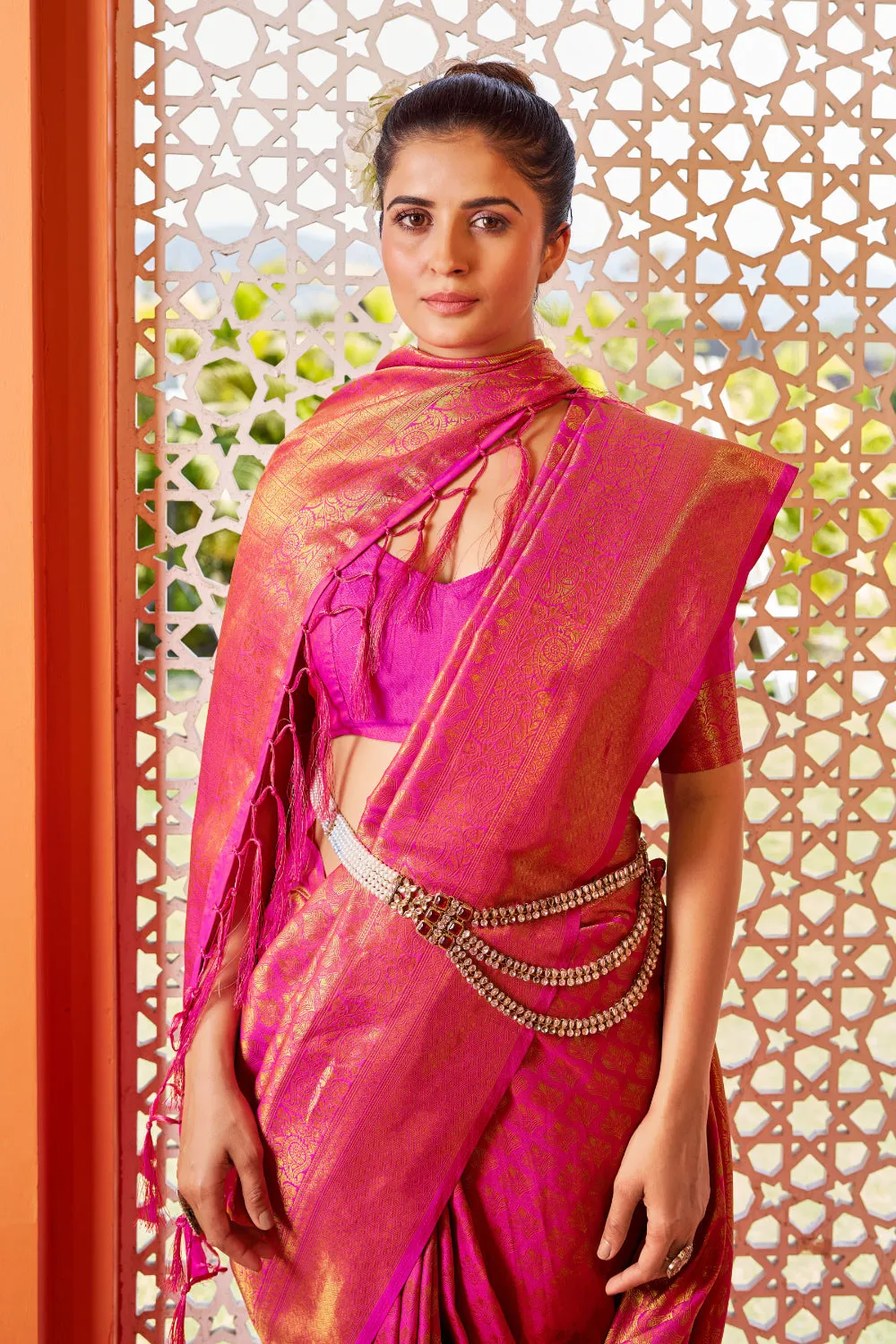 Dark Pink & Golden Kanjivaram Wedding Saree With Blouse