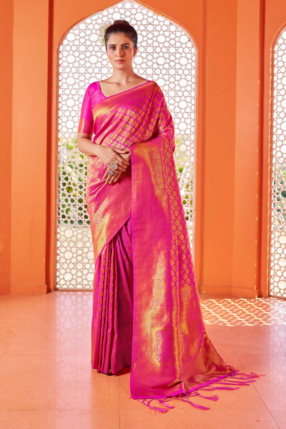 Dark Pink & Golden Kanjivaram Wedding Saree With Blouse