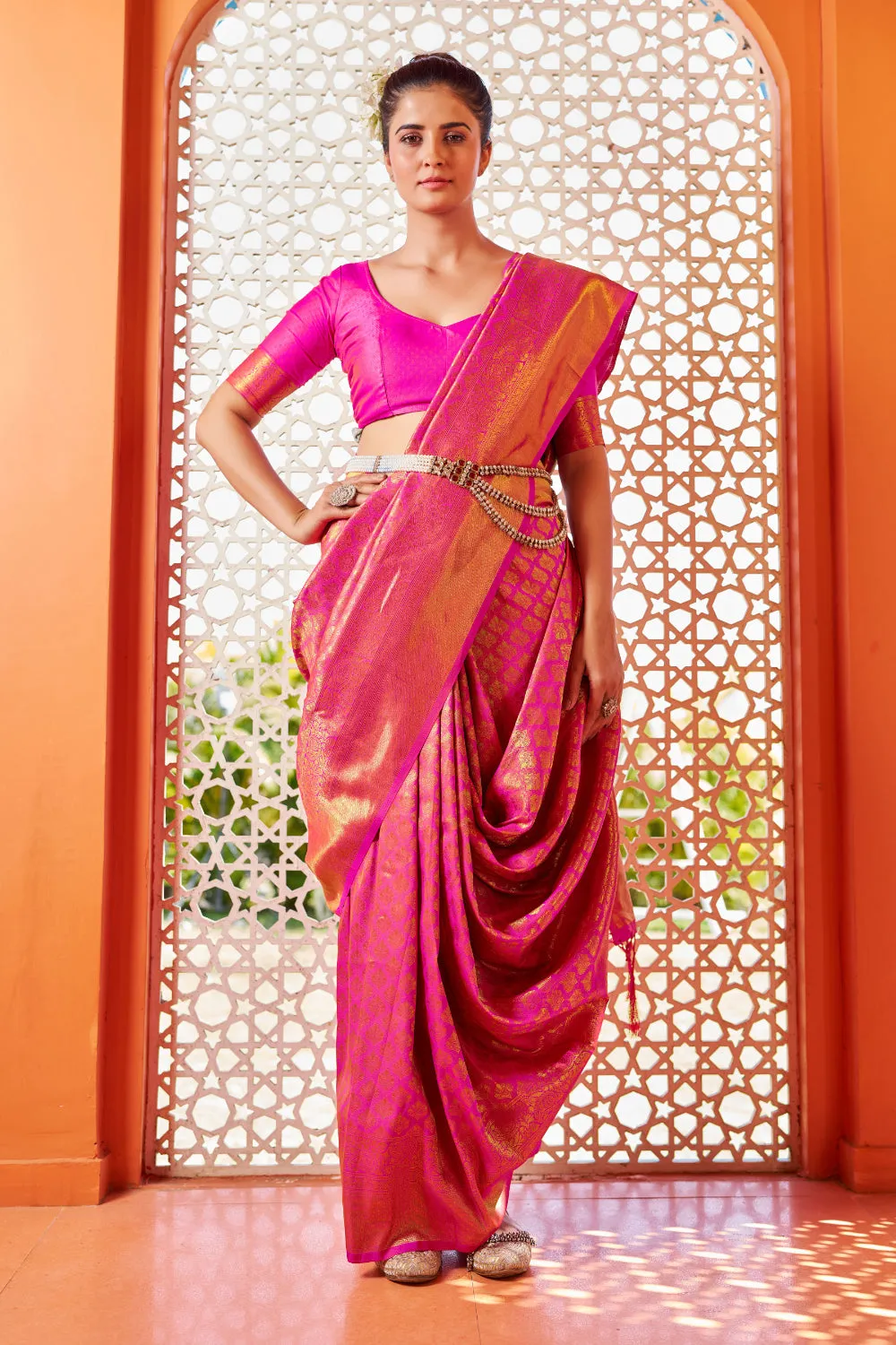 Dark Pink & Golden Kanjivaram Wedding Saree With Blouse