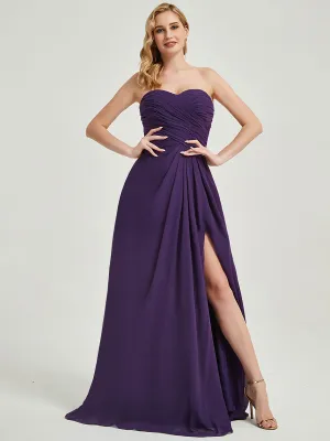 Dark Purple Strapless Floor-Length A-Line Bridesmaid Dress with Slit