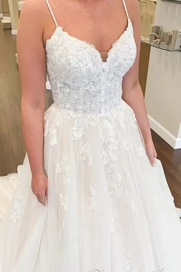 Deep Sweetheart Tulle Wedding Gown with Lace Spaghetti Straps Court Train Wedding Dress,MW361