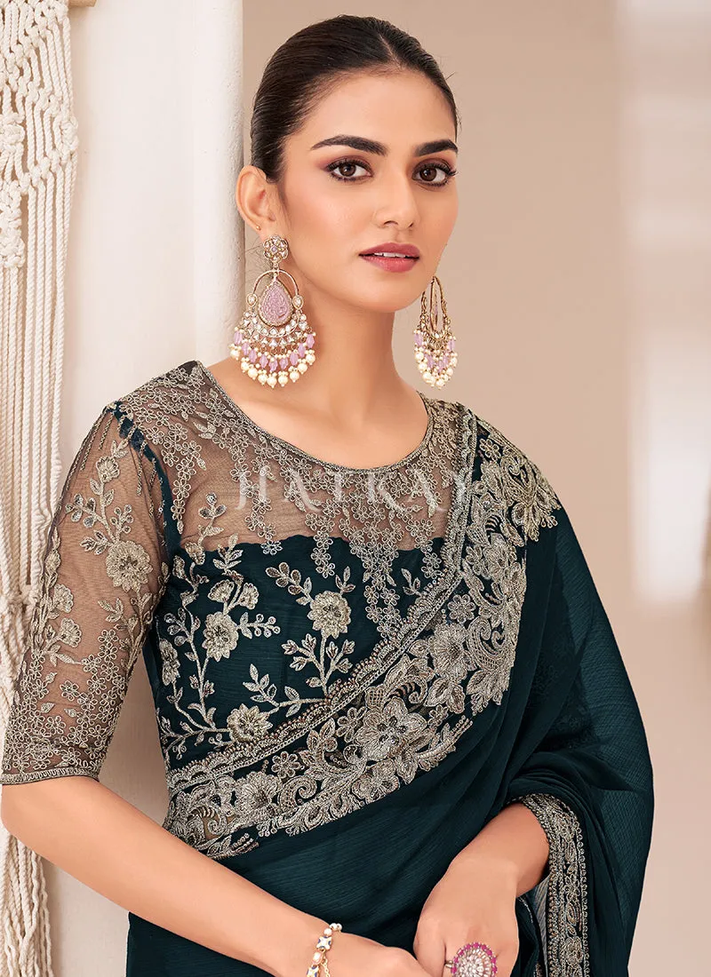 Deep Turquoise Embroidery Georgette Saree