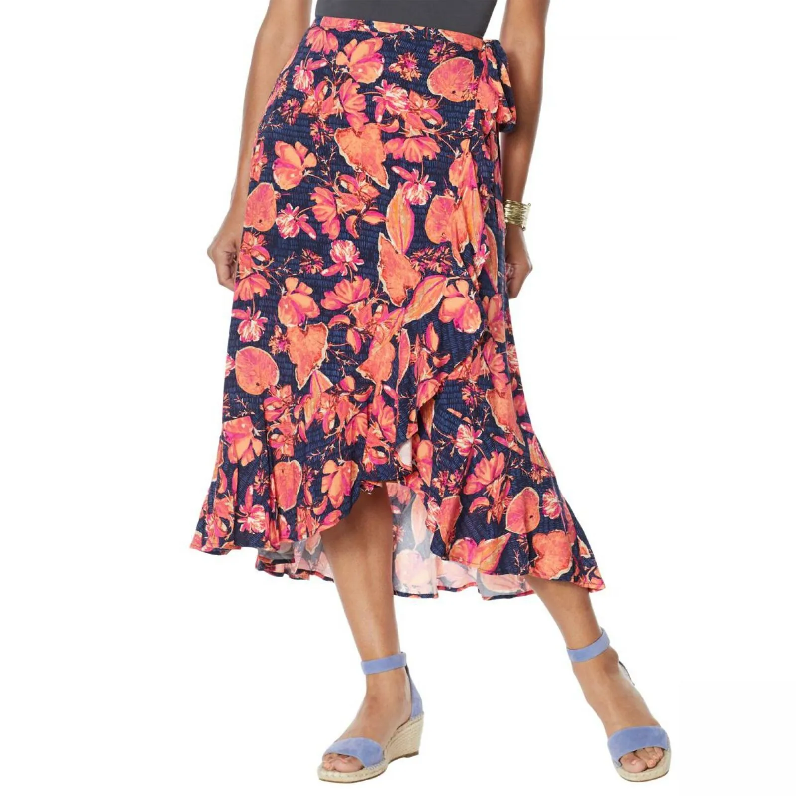 DG2 by Diane Gilman Women's Faux Wrap Ruffle Printed Skirt
