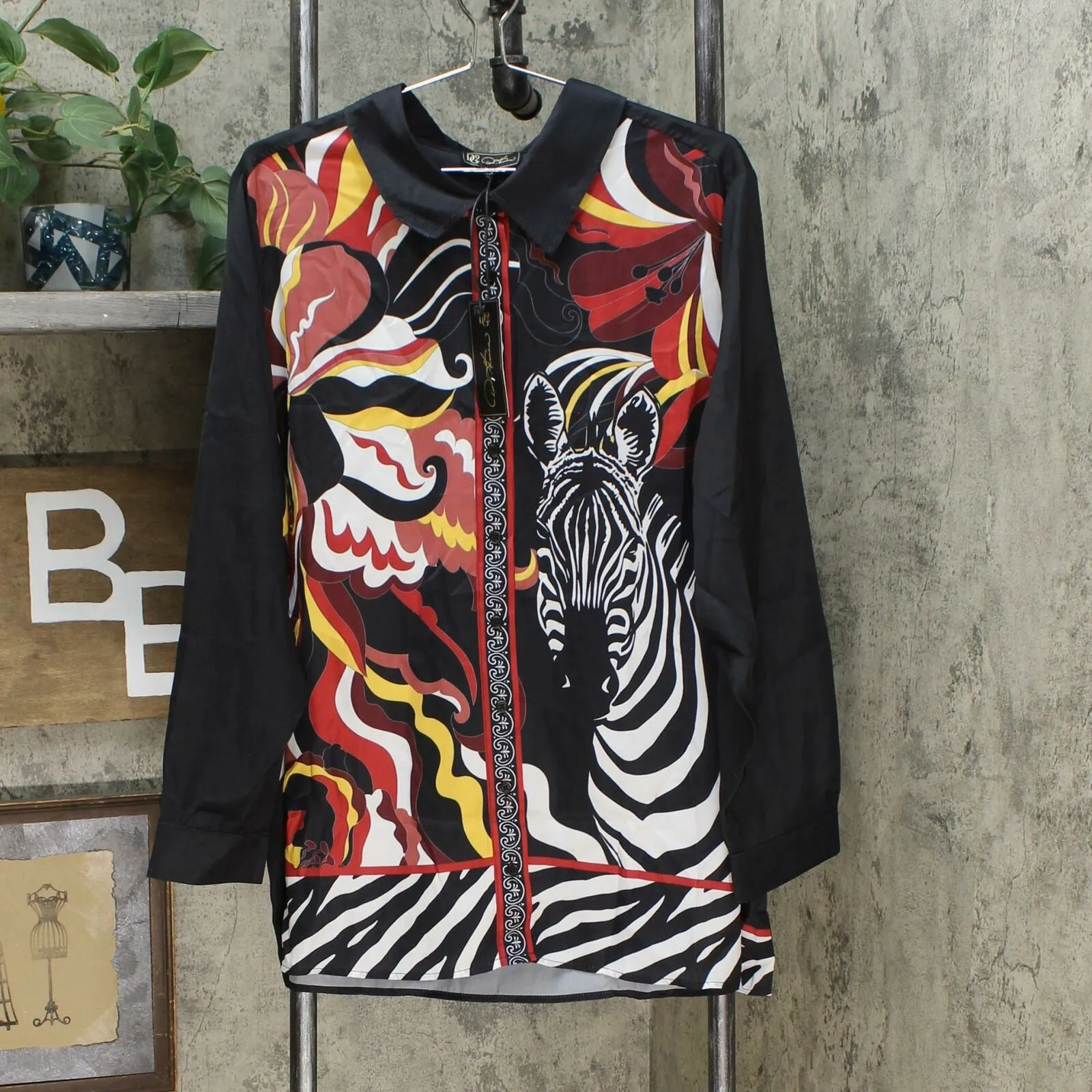 DG2 by Diane Gilman Women's Plus Size Printed Charmeuse Button Up Blouse