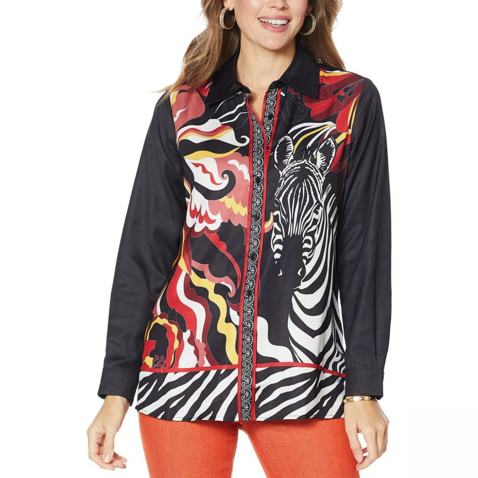 DG2 by Diane Gilman Women's Plus Size Printed Charmeuse Button Up Blouse