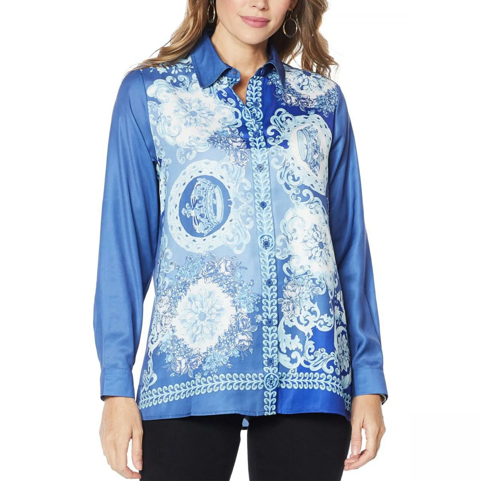 DG2 by Diane Gilman Women's Printed Charmeuse Button Up Blouse