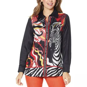 DG2 by Diane Gilman Women's Printed Charmeuse Button Up Blouse