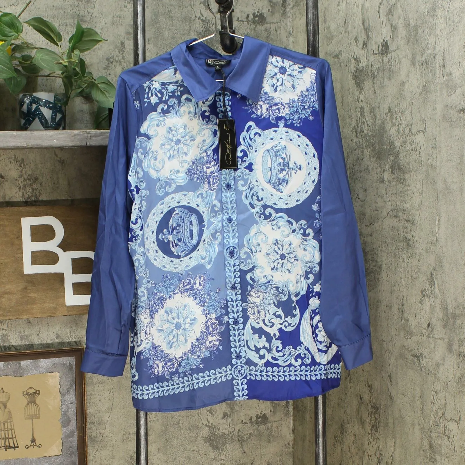 DG2 by Diane Gilman Women's Printed Charmeuse Button Up Blouse