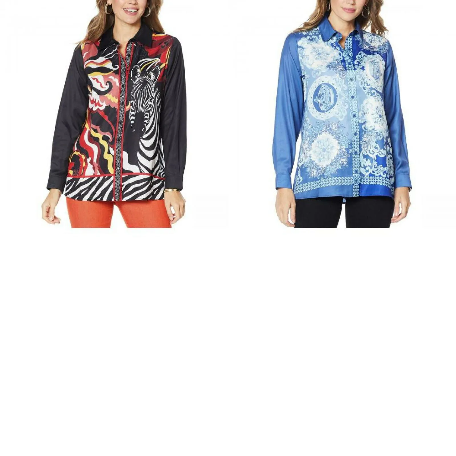 DG2 by Diane Gilman Women's Printed Charmeuse Button Up Blouse