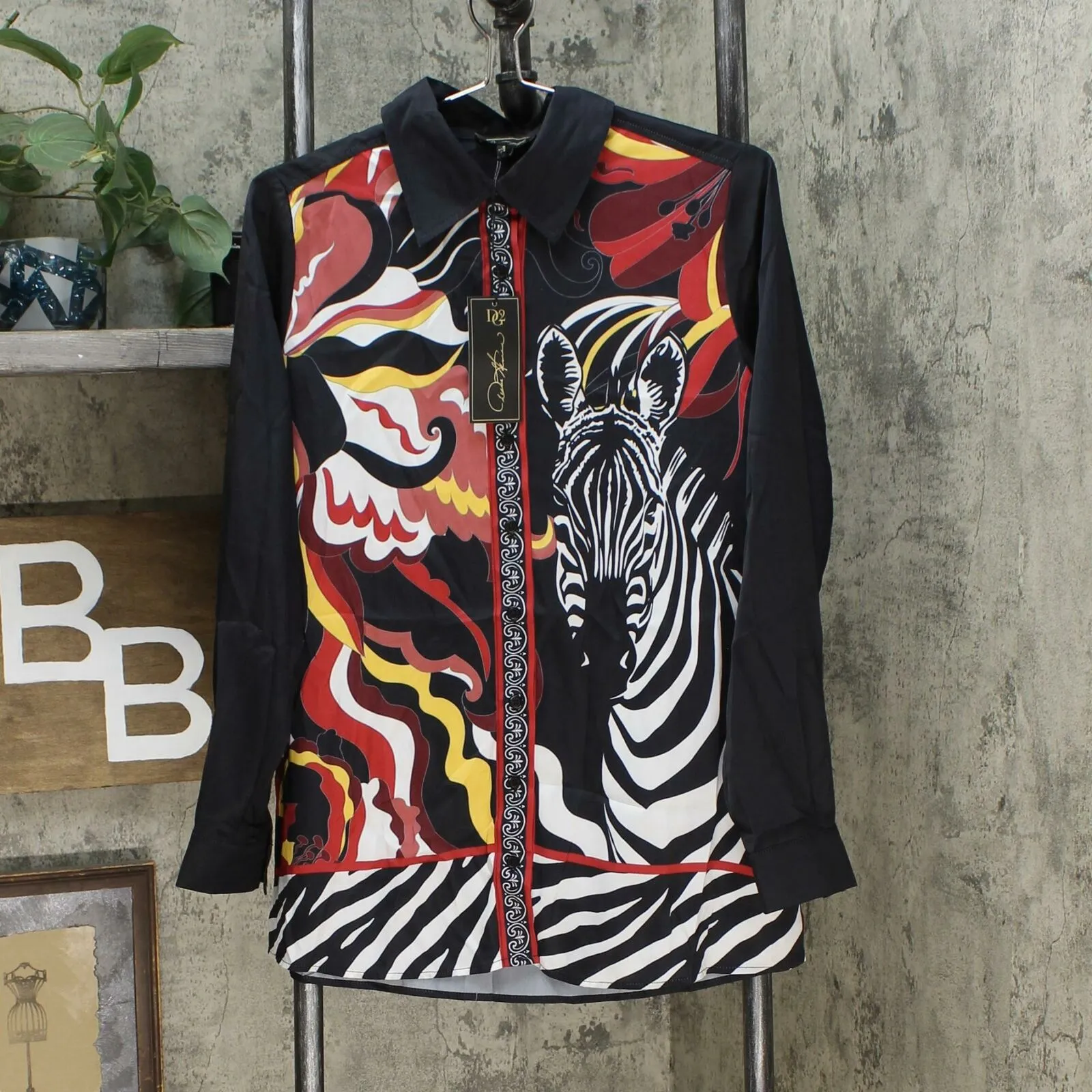 DG2 by Diane Gilman Women's Printed Charmeuse Button Up Blouse
