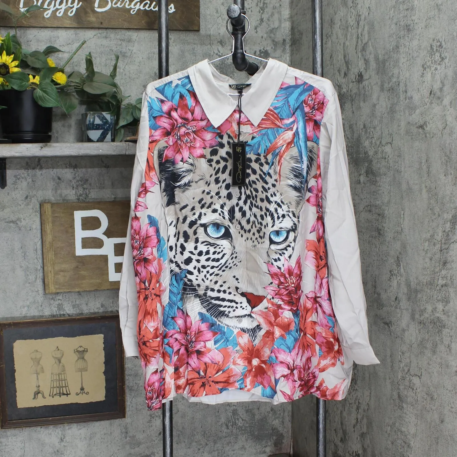 DG2 Womens Printed Charmeuse Button Up Blouse 728488 Beige Leopard 2X