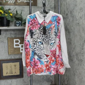 DG2 Womens Printed Charmeuse Button Up Blouse 728488 Beige Leopard 2X