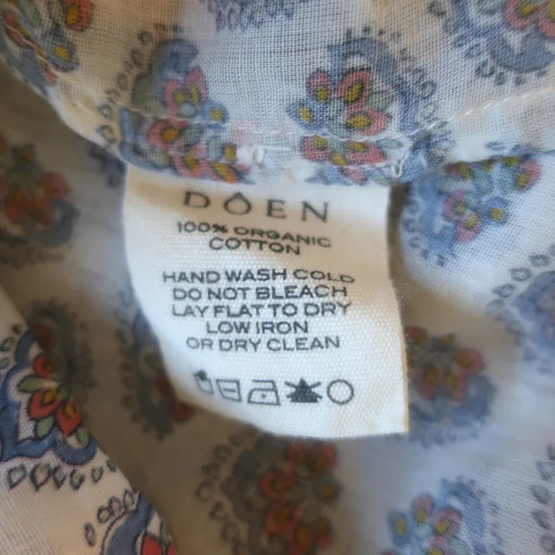 Doen June Button-Up Top White Paisley Print Cotton Size Large Puff Sleeve Blouse