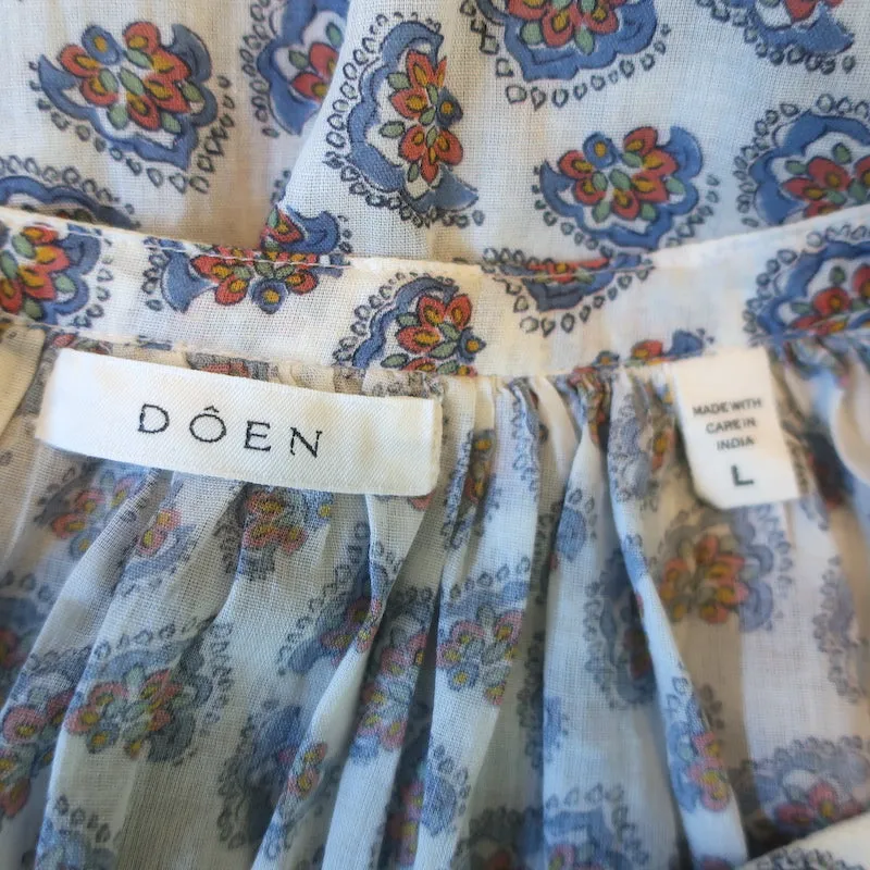 Doen June Button-Up Top White Paisley Print Cotton Size Large Puff Sleeve Blouse
