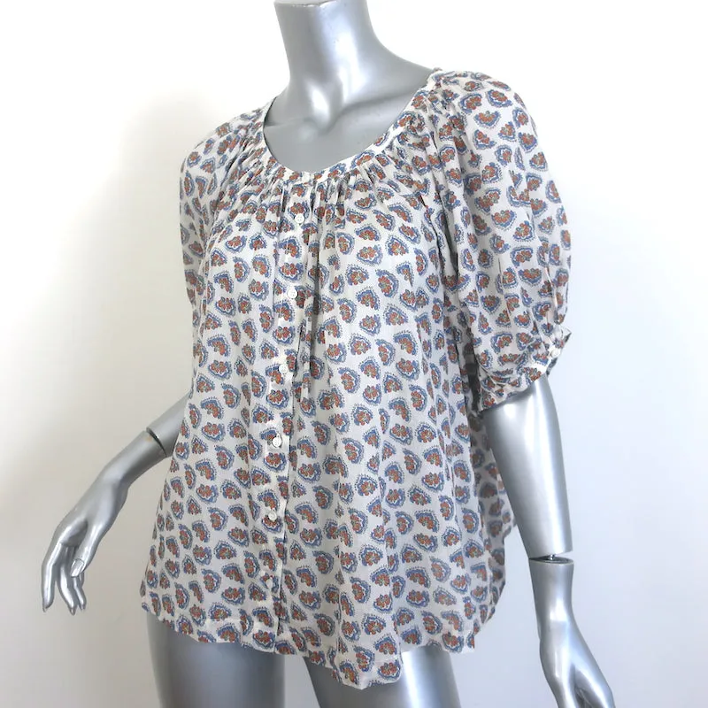 Doen June Button-Up Top White Paisley Print Cotton Size Large Puff Sleeve Blouse
