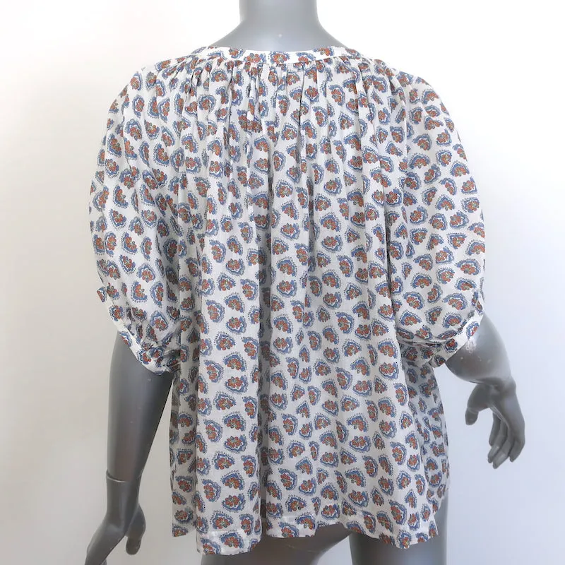 Doen June Button-Up Top White Paisley Print Cotton Size Large Puff Sleeve Blouse