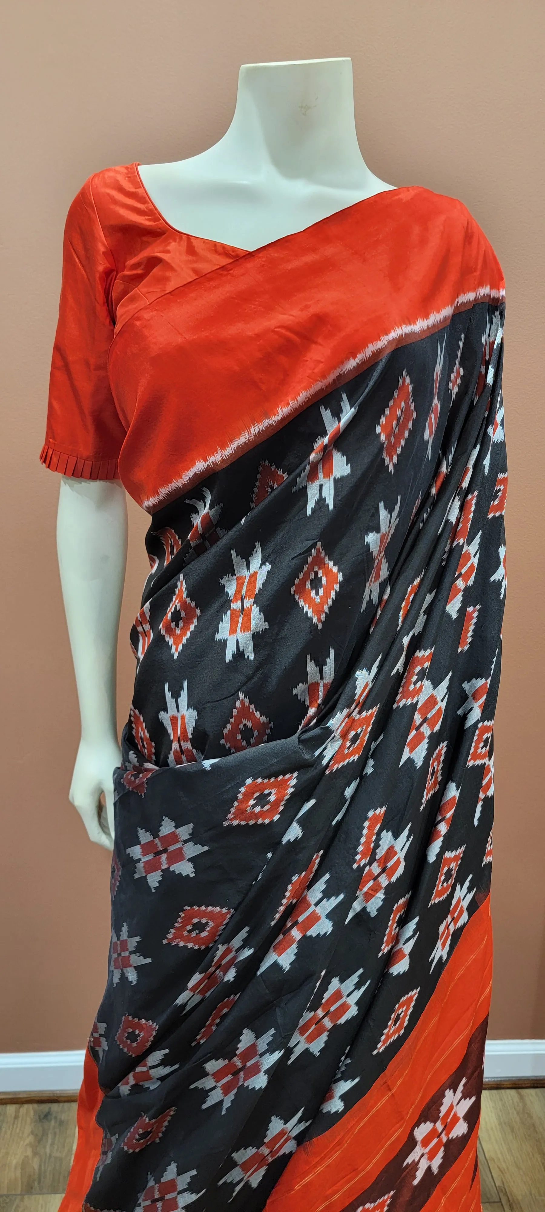 Double Ikkath Silk Saree w/ Blouse in Orange and Black