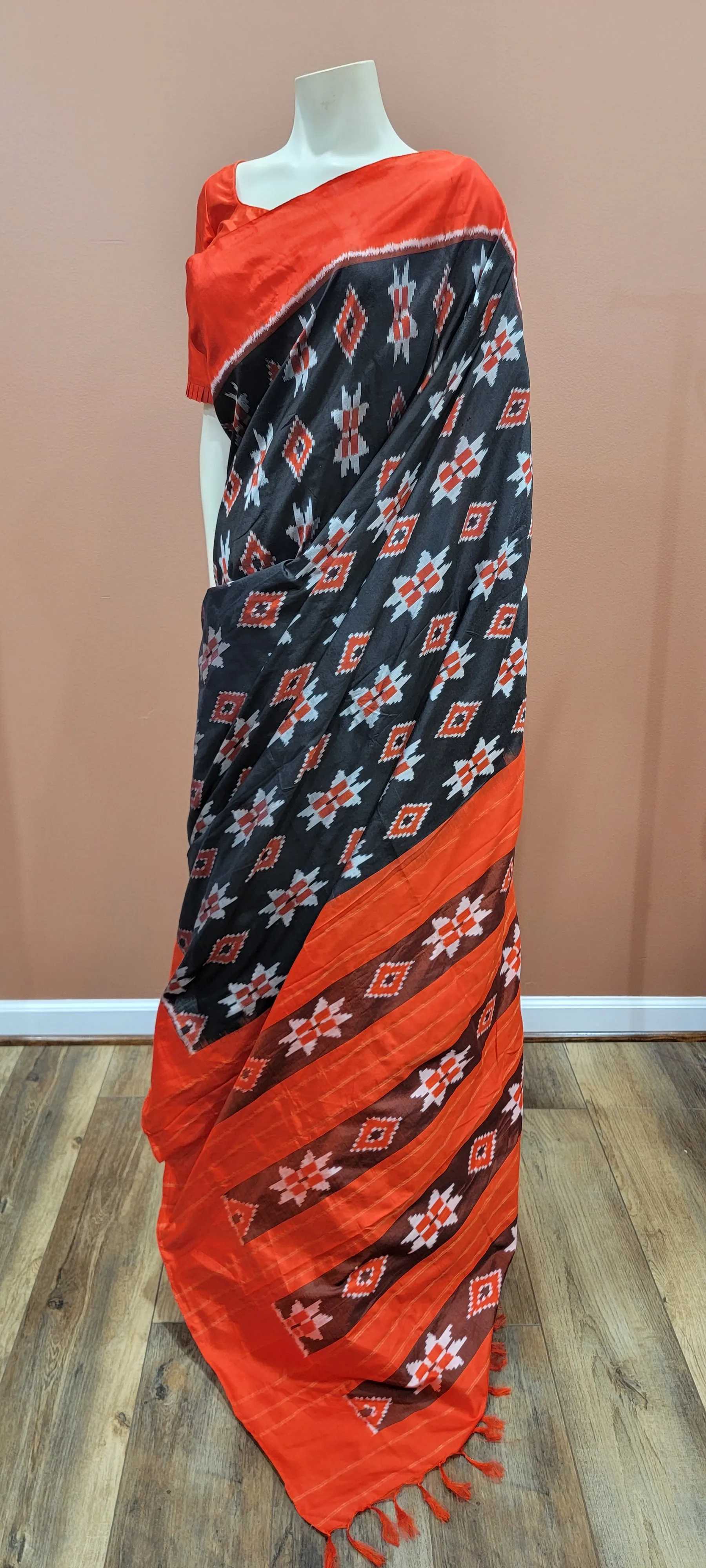 Double Ikkath Silk Saree w/ Blouse in Orange and Black