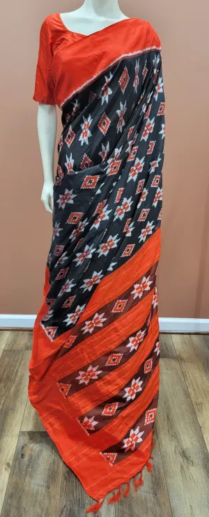 Double Ikkath Silk Saree w/ Blouse in Orange and Black