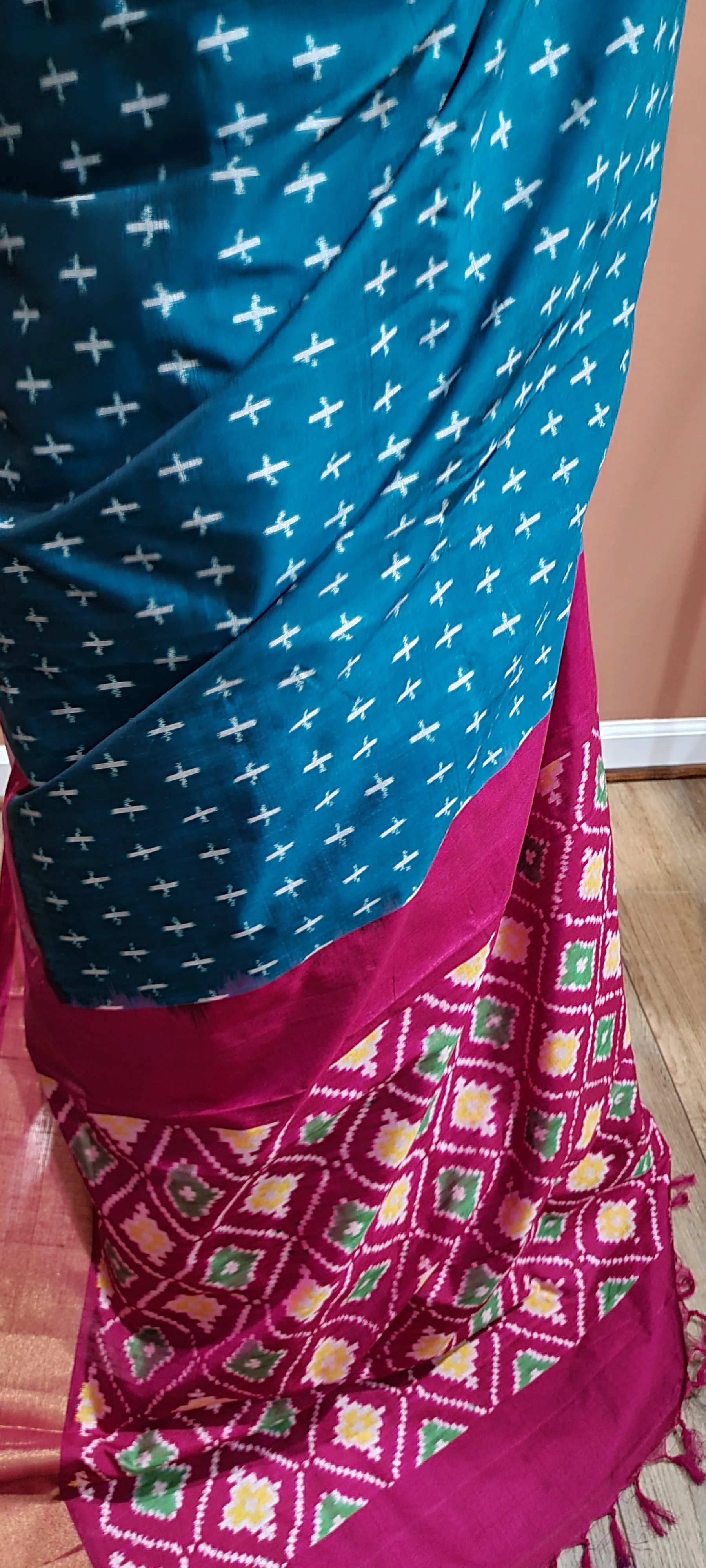 Double Ikkath Silk Saree w/blouse in Blue and Pink
