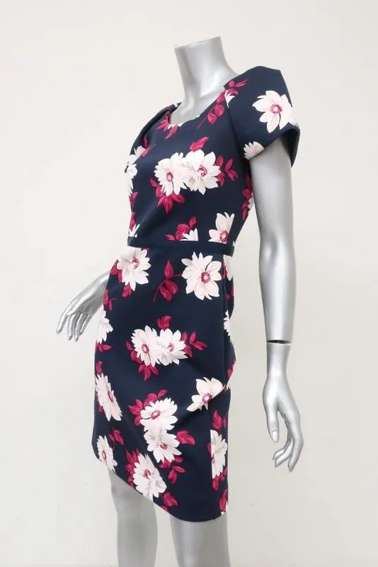 Draper James Dress Navy Floral Print Neoprene Size 2 Short Sleeve Sheath