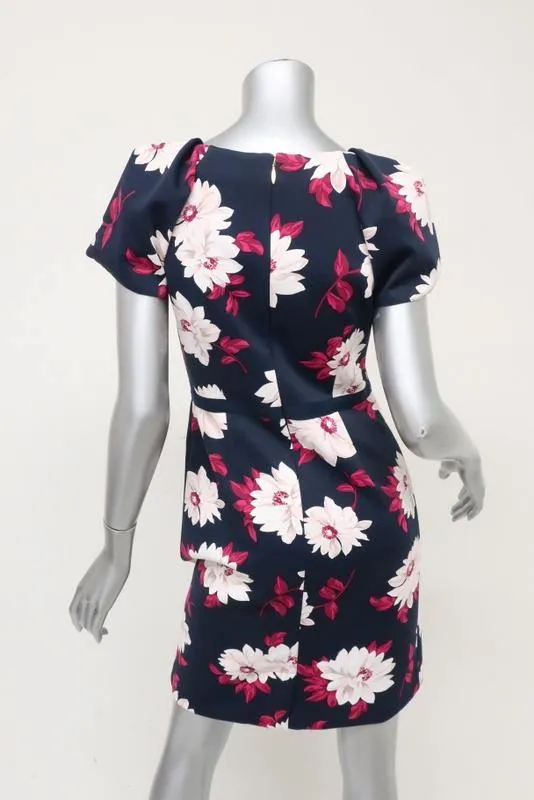 Draper James Dress Navy Floral Print Neoprene Size 2 Short Sleeve Sheath