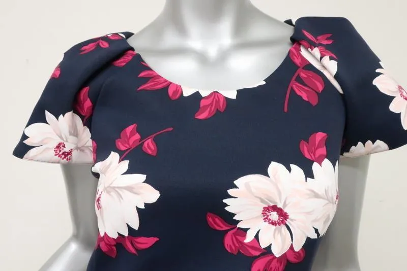 Draper James Dress Navy Floral Print Neoprene Size 2 Short Sleeve Sheath