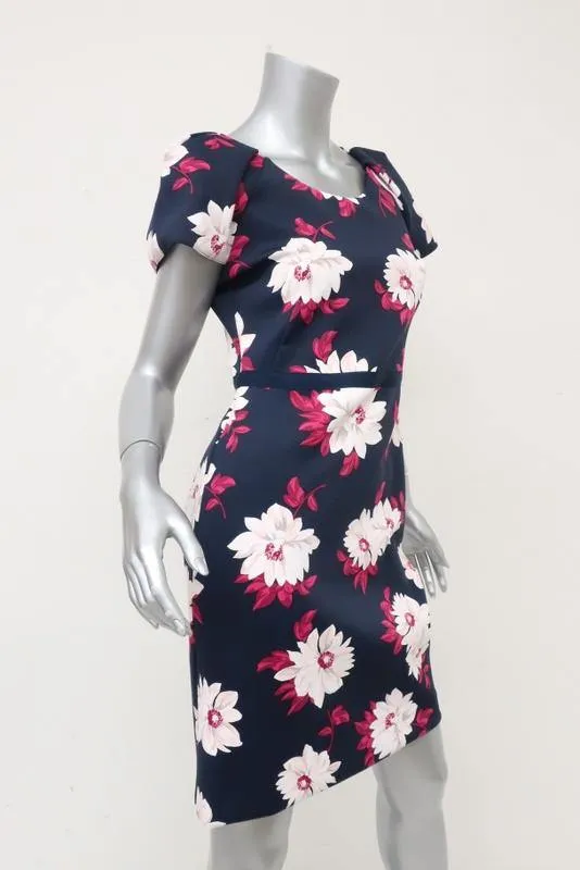 Draper James Dress Navy Floral Print Neoprene Size 2 Short Sleeve Sheath