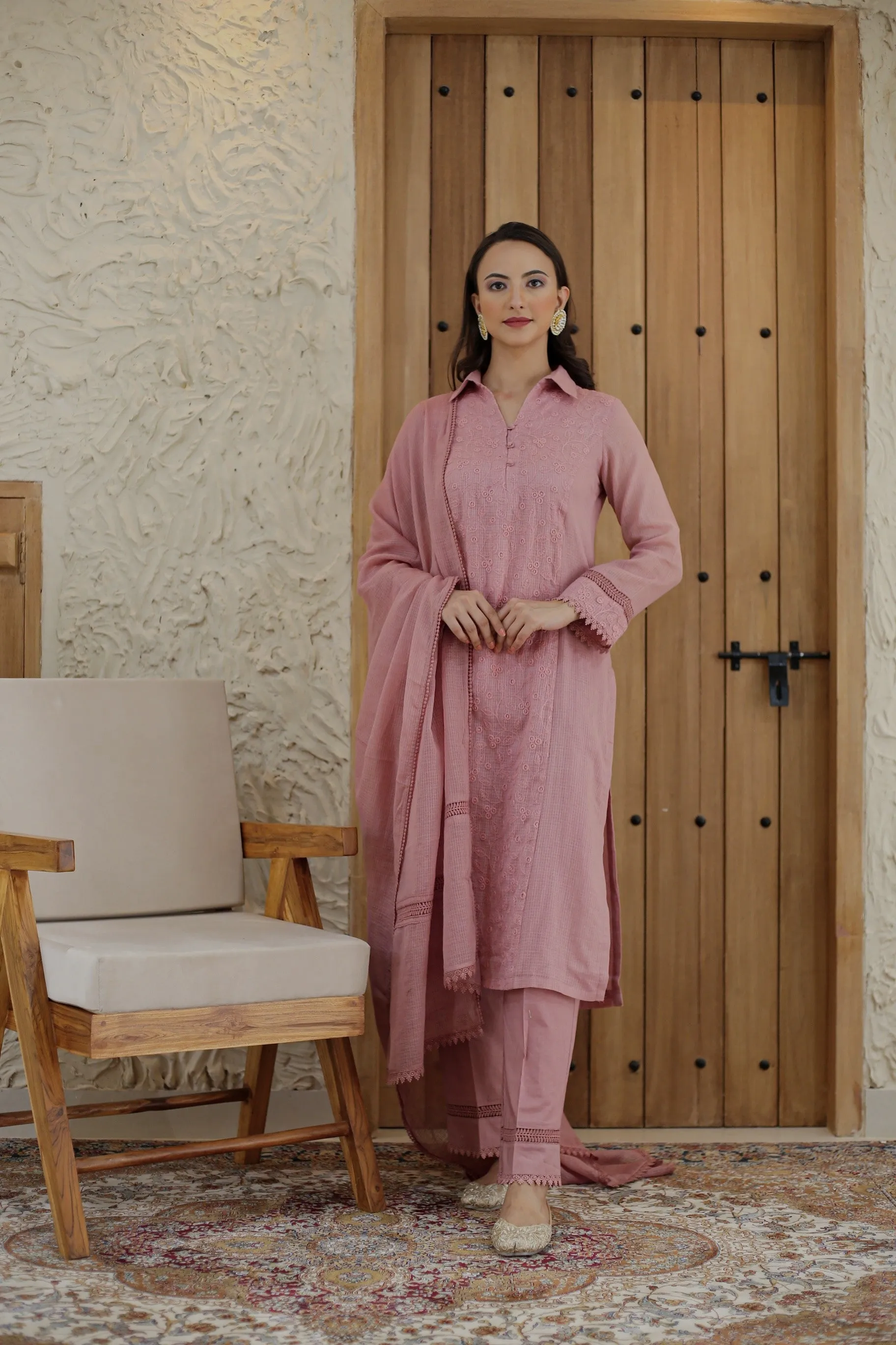 Dusty Pink Kota Embroidered Ready To Wear Kurta Set With Pant and Dupatta