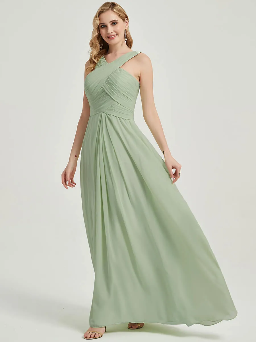 Dusty Purple Cross Neck A-Line Floor Length Chiffon Bridesmaid Dress