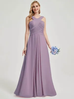 Dusty Purple Cross Neck A-Line Floor Length Chiffon Bridesmaid Dress