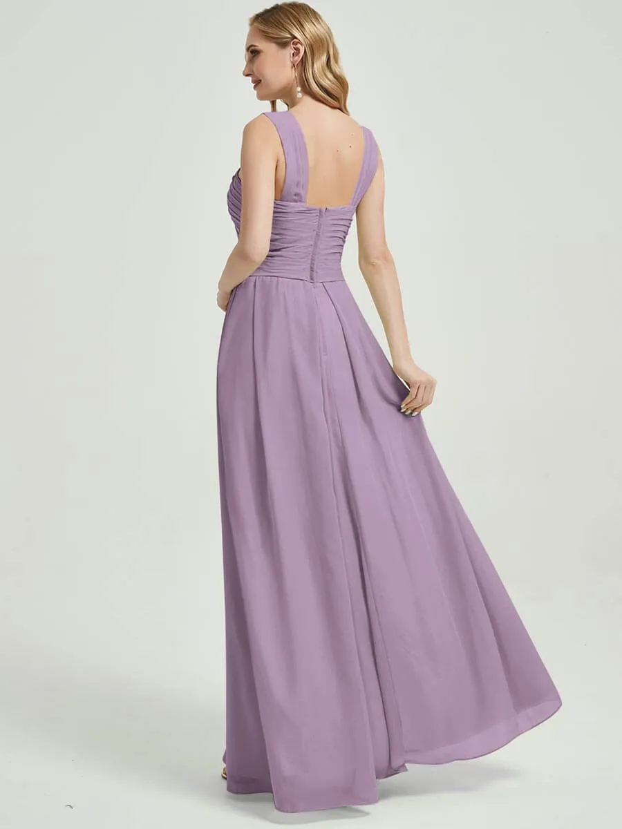 Dusty Purple Cross Neck A-Line Floor Length Chiffon Bridesmaid Dress