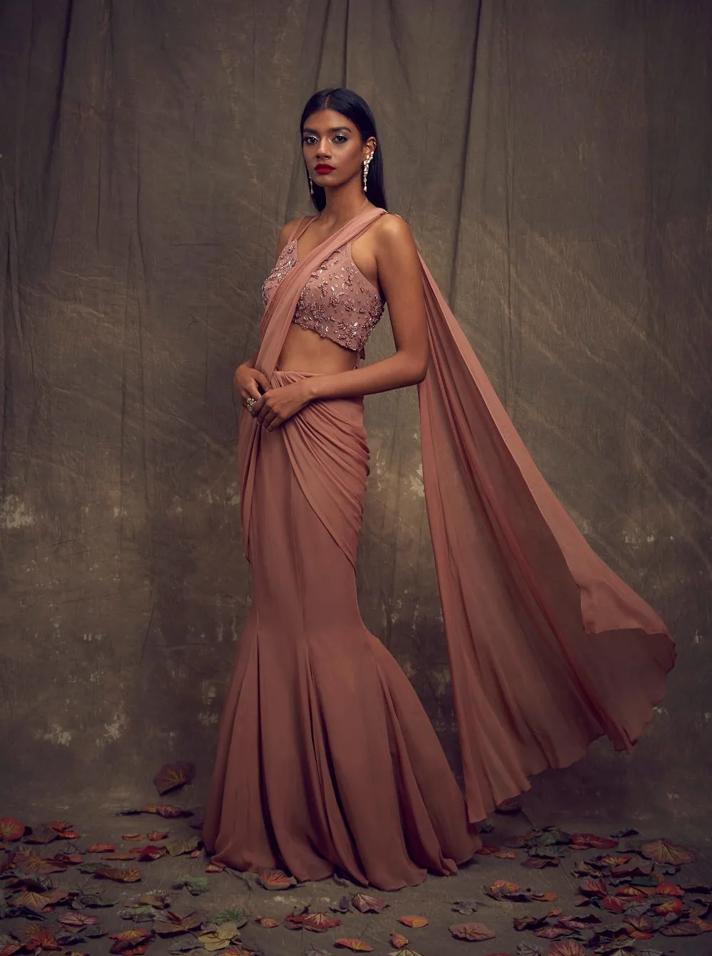 Dusty Rose Sari with Fishtail Skirt