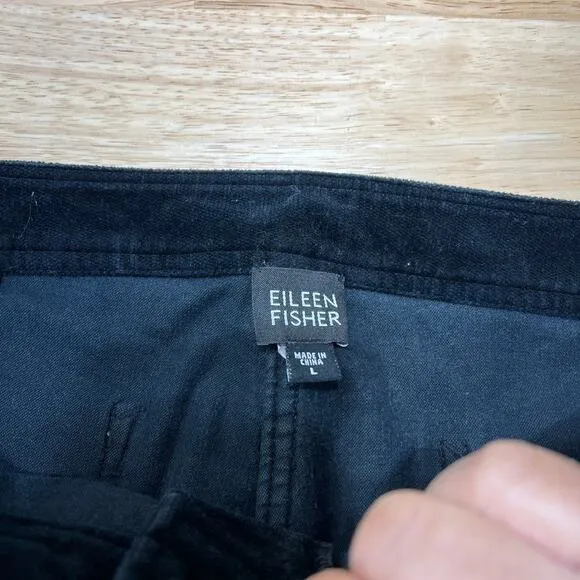 Eileen Fisher Curduroy Velvet Straight Leg Black Pants Women's L Zipper Closure