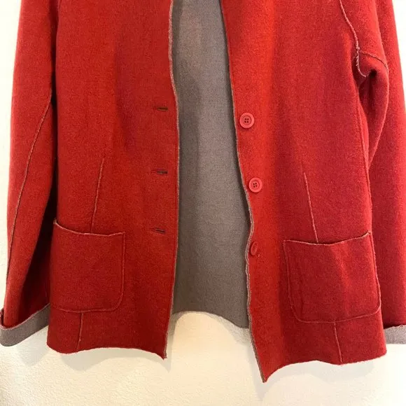 Eileen Fisher Merino Wool Button Front Collared Knit Long Line Blazer Jacket