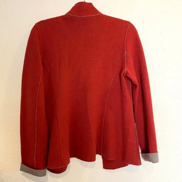 Eileen Fisher Merino Wool Button Front Collared Knit Long Line Blazer Jacket