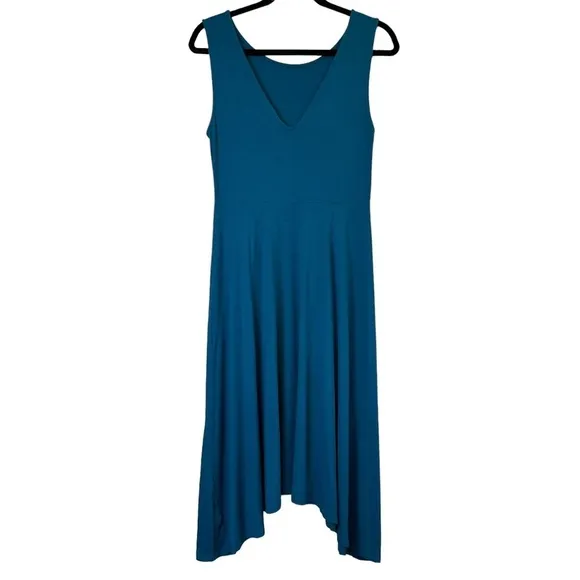 Eileen Fisher XS/TP Sleeveless Empire waist Asymmetrical Hem Teal Dress USA Made