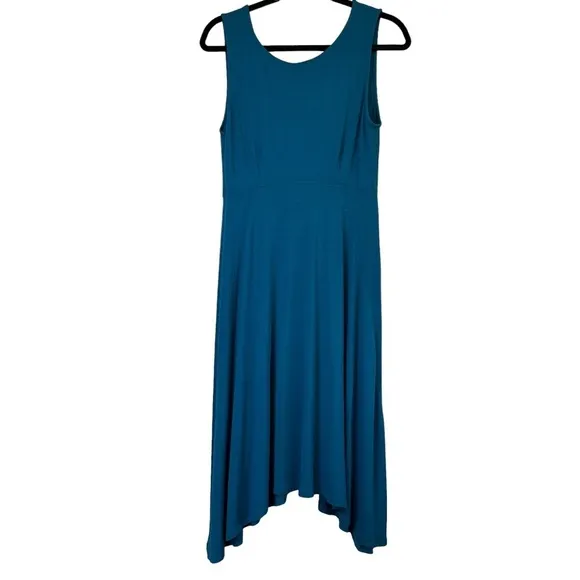 Eileen Fisher XS/TP Sleeveless Empire waist Asymmetrical Hem Teal Dress USA Made