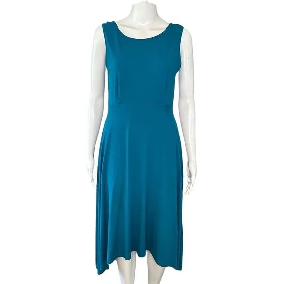 Eileen Fisher XS/TP Sleeveless Empire waist Asymmetrical Hem Teal Dress USA Made