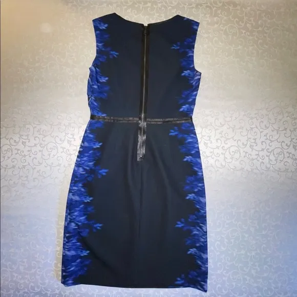 Elie Tahari Beverly Digital Print Silk Sheath Dress Slimming Black Blue