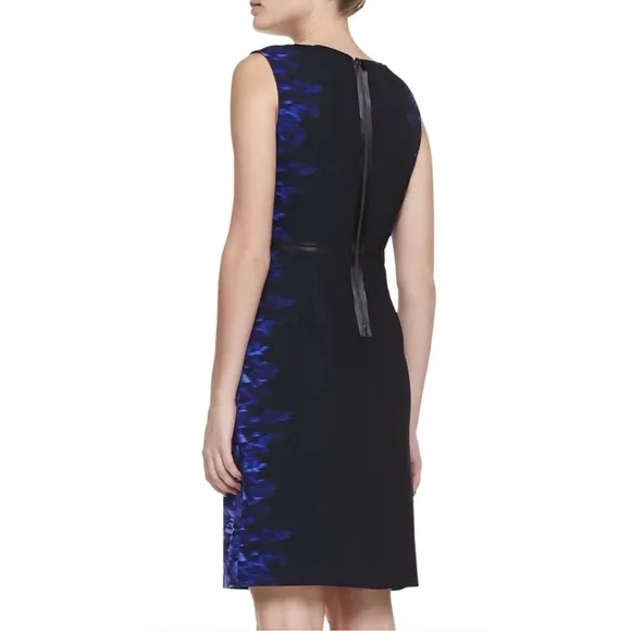 Elie Tahari Beverly Digital Print Silk Sheath Dress Slimming Black Blue