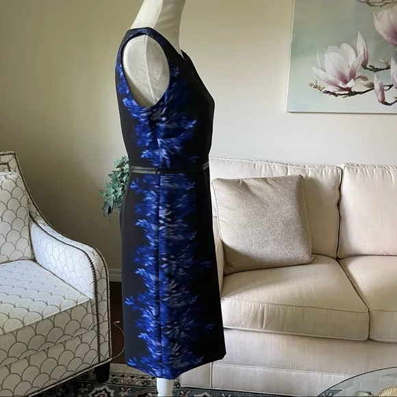 Elie Tahari Beverly Digital Print Silk Sheath Dress Slimming Black Blue
