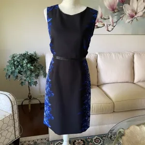 Elie Tahari Beverly Digital Print Silk Sheath Dress Slimming Black Blue