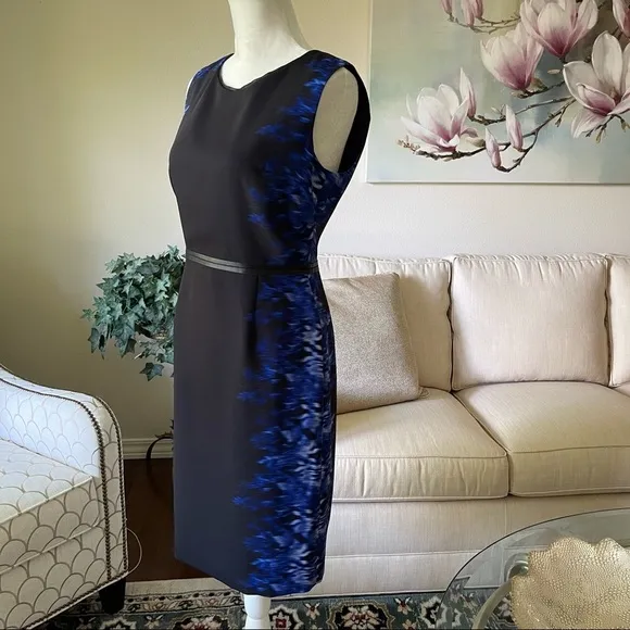 Elie Tahari Beverly Digital Print Silk Sheath Dress Slimming Black Blue