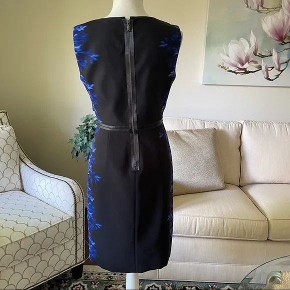 Elie Tahari Beverly Digital Print Silk Sheath Dress Slimming Black Blue