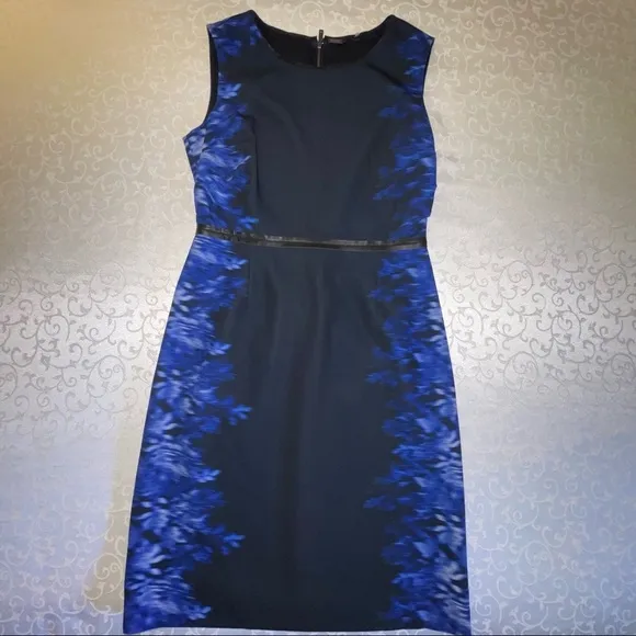Elie Tahari Beverly Digital Print Silk Sheath Dress Slimming Black Blue