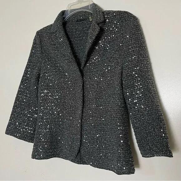 Elie Tahari Y2K Crop Glittery Jacket Womens Small Crochet Sequined Blazer Gray