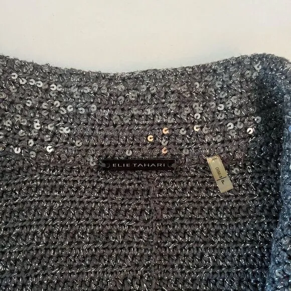 Elie Tahari Y2K Crop Glittery Jacket Womens Small Crochet Sequined Blazer Gray