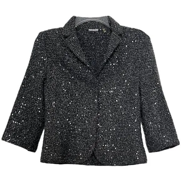 Elie Tahari Y2K Crop Glittery Jacket Womens Small Crochet Sequined Blazer Gray