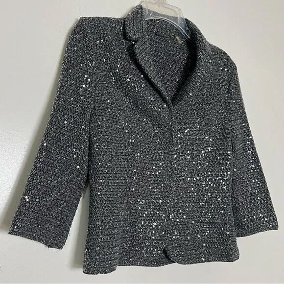 Elie Tahari Y2K Crop Glittery Jacket Womens Small Crochet Sequined Blazer Gray